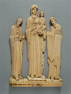 Image of Virgin Hodegetria, St. John the Baptist, and St. Basil from a plaque 