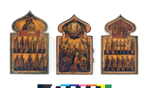 Image of Triptych Icon with Trinity, Pantocrator; the Annunciation; and Christ in Tomb 