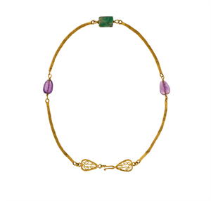 Image of Necklace with Two Amethyst Beads and One Emerald Bead